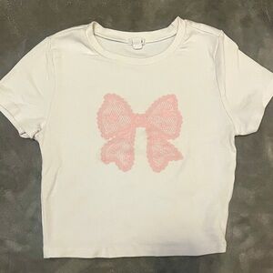 Garage White Tee with Pink Lace Bow